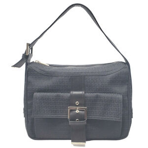 Fendi Bag FF Logo Black Leather Zucchino Canvas‎ Purse Shoulder Tote Purse